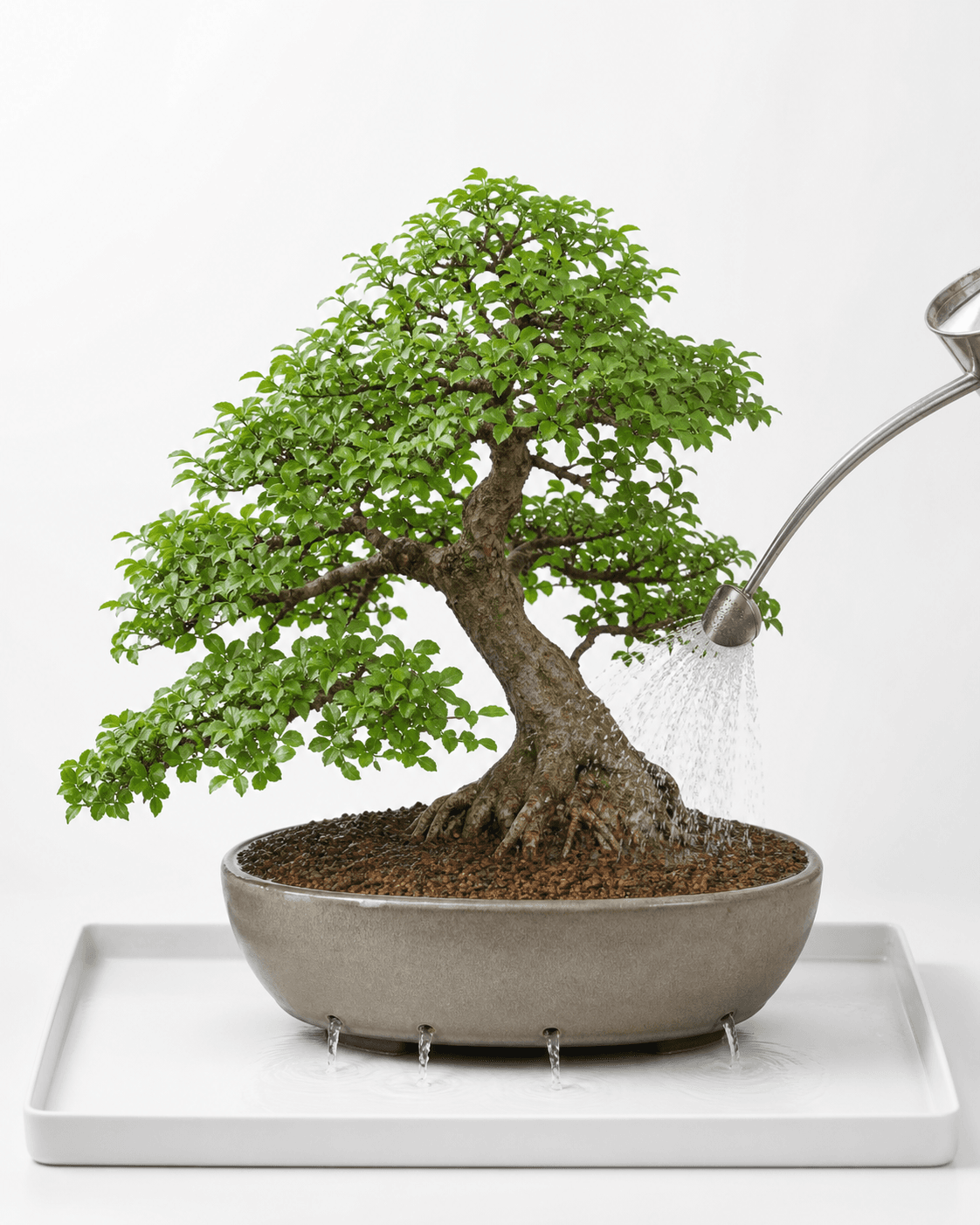 Mature deciduous bonsai receiving a gentle shower from a fine watering rose as water drains from its shallow pot