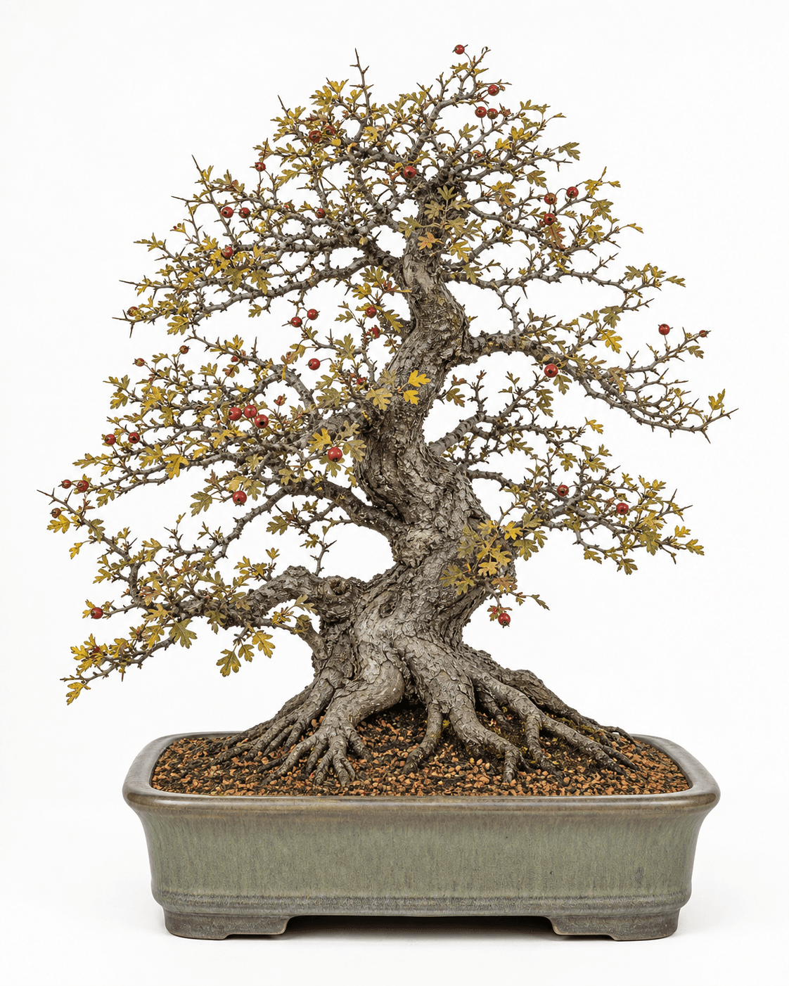 Common hawthorn bonsai with a gnarled trunk, thorny branches, sparse yellow foliage, red haws, and a celadon rectangular pot