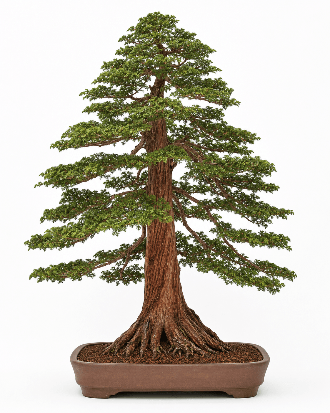 Hinoki cypress bonsai in an upright style with layered scale-foliage fans and a shallow brown unglazed pot