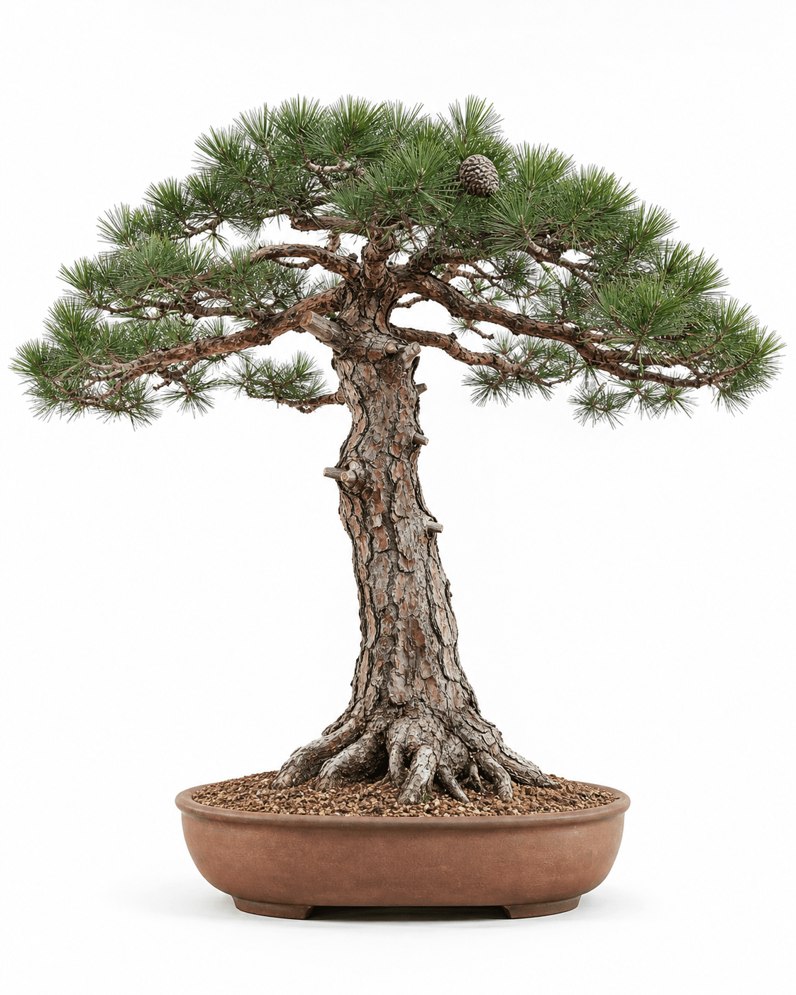 Italian stone pine bonsai with a lifted umbrella crown, plated bark, paired needles, and an unglazed terracotta-brown pot