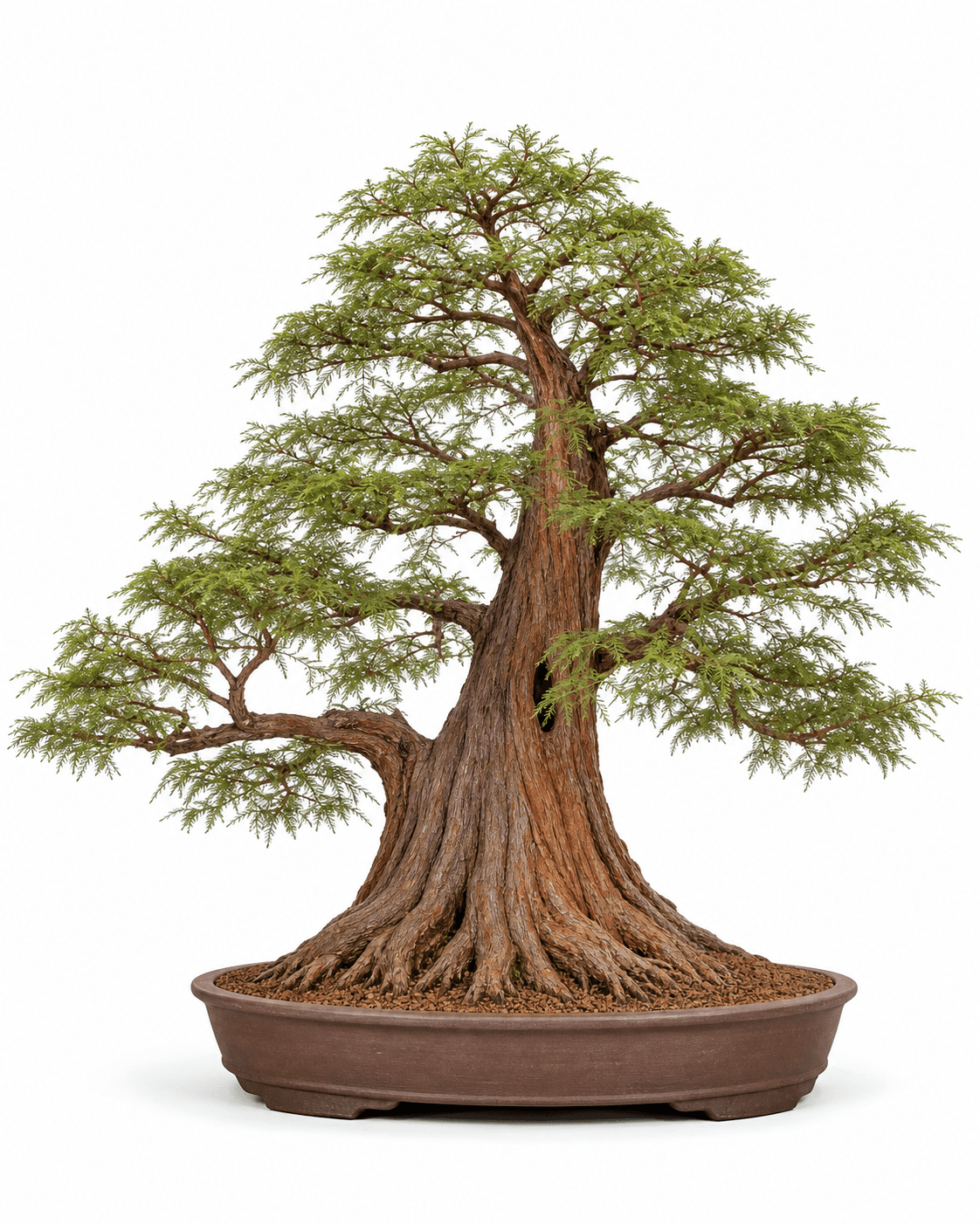 Montezuma cypress bonsai with a massive fluted base, a broad spreading crown, soft feathery foliage, and an unglazed oval pot